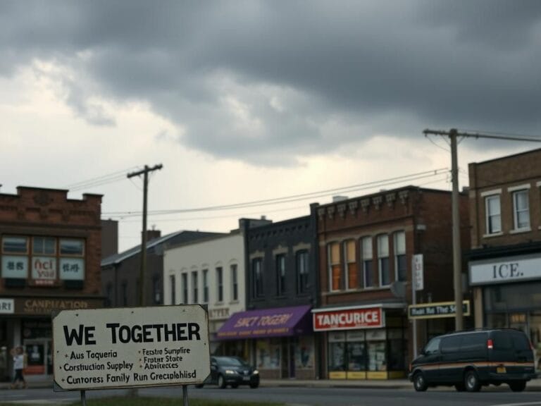 Flick International A somber urban landscape showcasing a multi-ethnic neighborhood with immigrant-owned businesses.