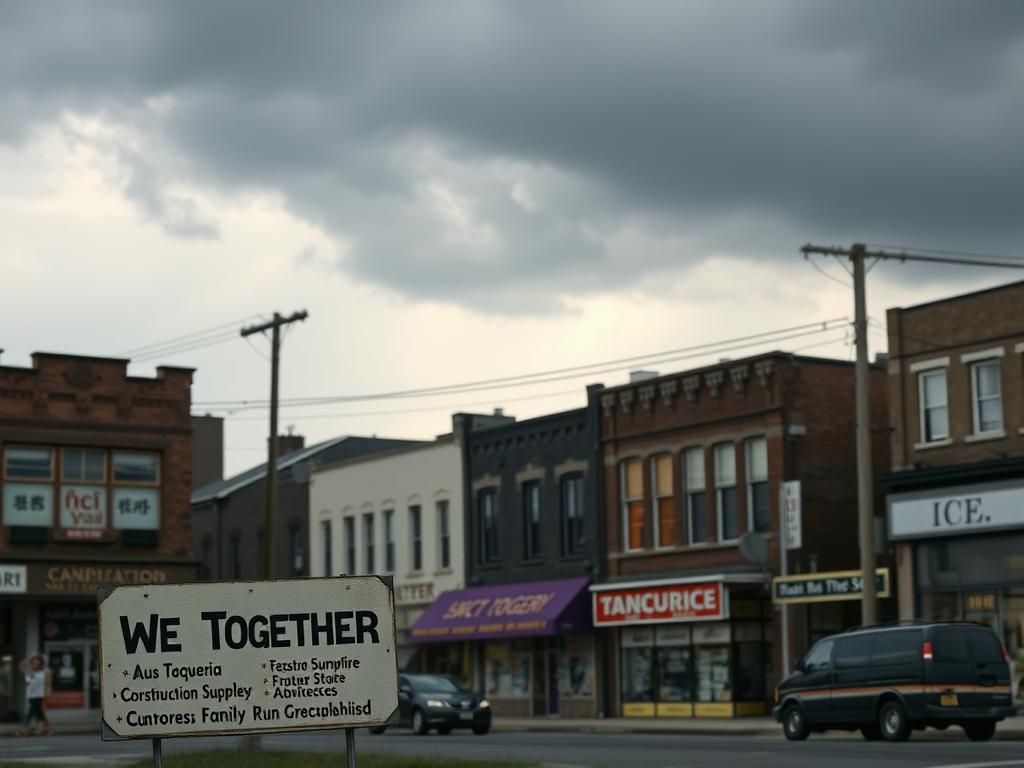 Flick International A somber urban landscape showcasing a multi-ethnic neighborhood with immigrant-owned businesses.