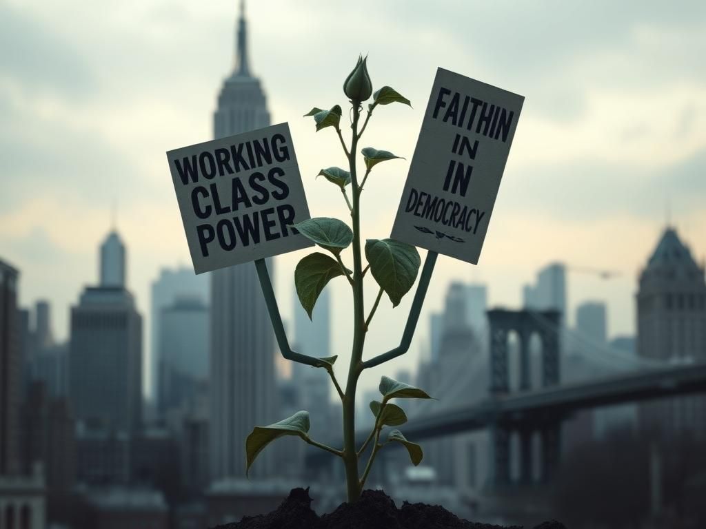 Flick International A withering plant symbolizing the decline of faith in democracy, set against a muted abstract cityscape of New York.