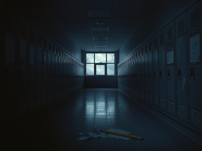 Flick International Dimly lit school hallway showcasing neglect and abandonment