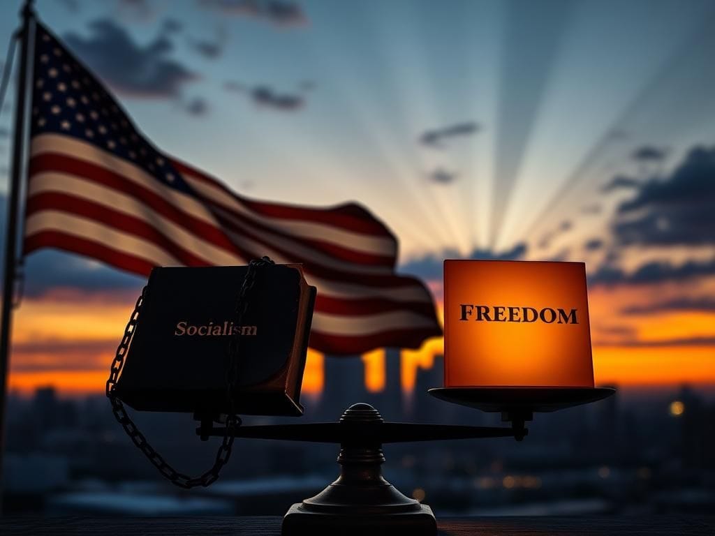 Flick International Silhouetted American flag waving against city skyline at dusk