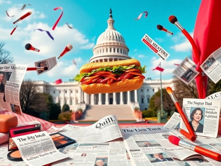 Flick International A whimsical scene featuring a sandwich mid-air above the U.S. Capitol building, symbolizing current events.