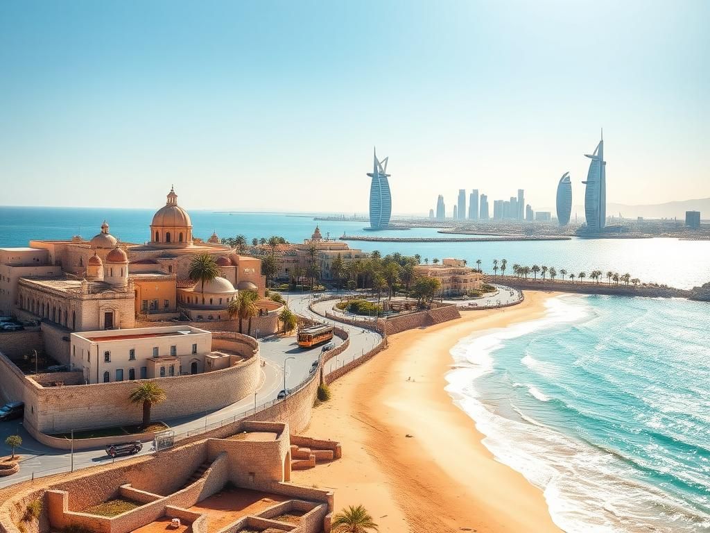 Flick International A serene coastal landscape of Malta, Portugal, and the UAE showcasing luxury architecture and natural beauty