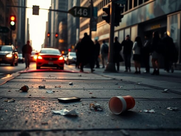 Flick International A chaotic street scene in Cincinnati with debris and indifferent bystanders after a recent fight.