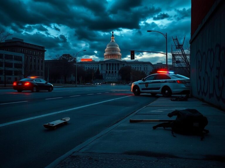 Flick International Urban landscape of Washington, D.C. at dusk with scattered remnants of youth culture