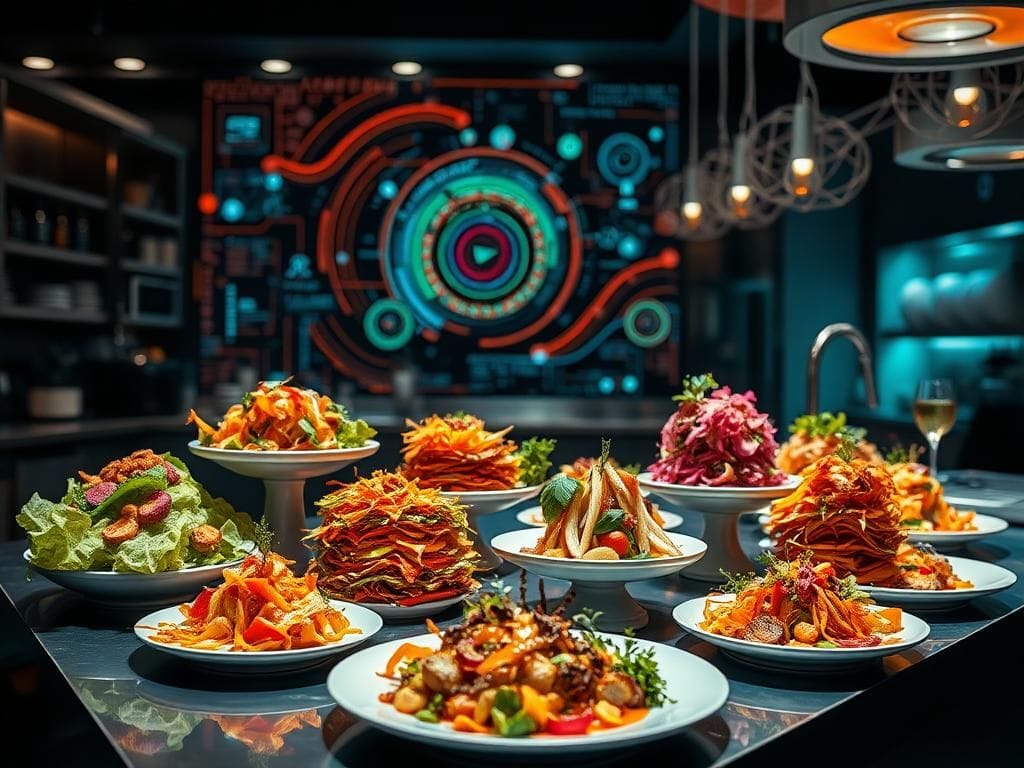 Flick International A futuristic kitchen showcasing AI-generated dishes made from discarded ingredients