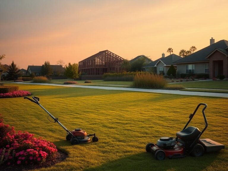 Flick International Early morning suburban landscape depicting a manicured lawn and empty lawn care equipment, symbolizing the absence of workers