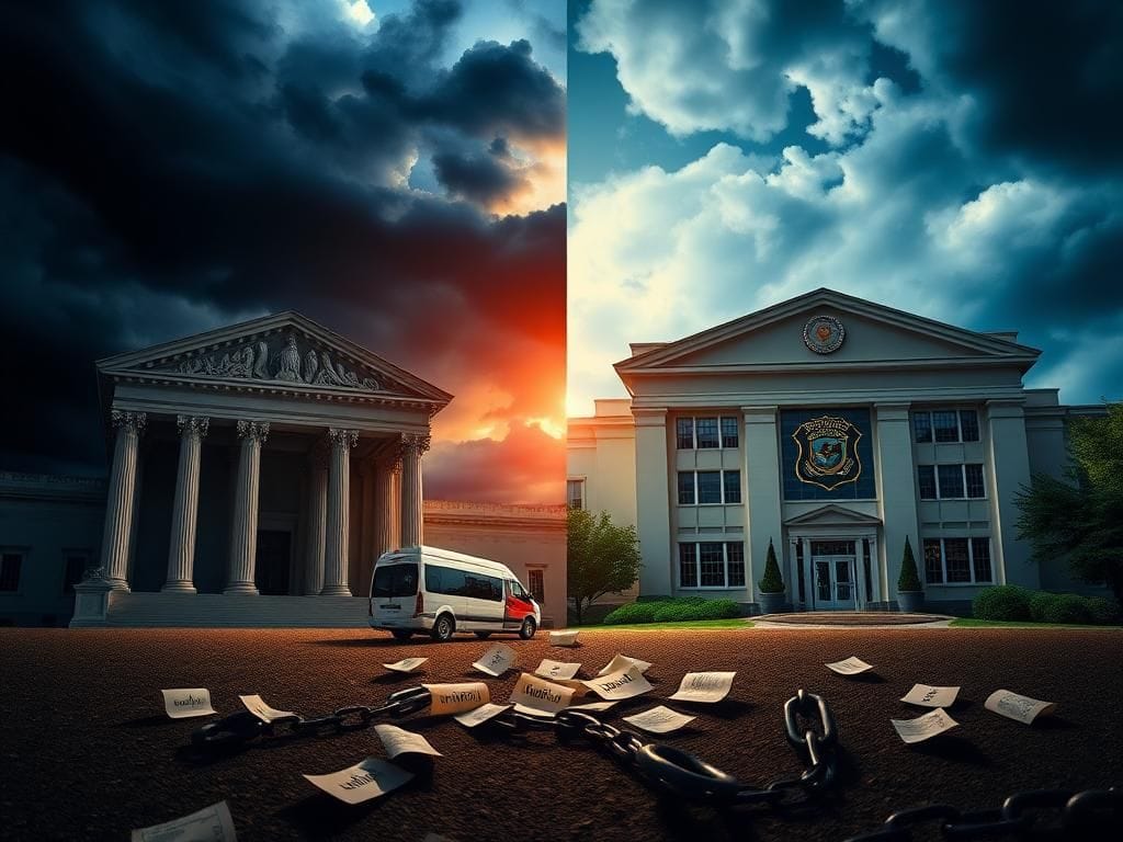 Flick International A split scene illustrating the legal confrontation between D.C. Attorney General Brian Schwalb and U.S. Attorney General Pam Bondi, featuring contrasting representations of authority.