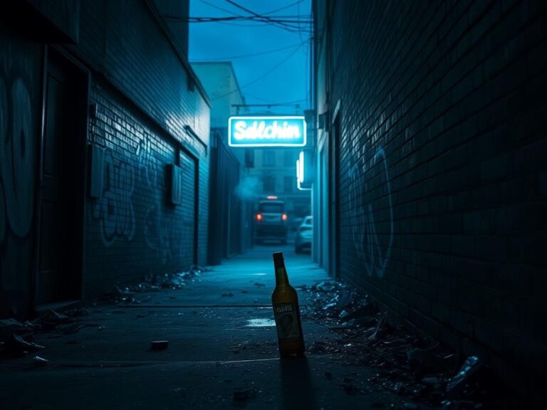 Flick International Desolate urban alley at twilight with graffiti and shattered glass symbolizing chaos of past struggles