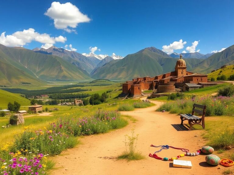 Flick International Serene landscape of Afghanistan with Hindu Kush mountains and colorful wildflowers