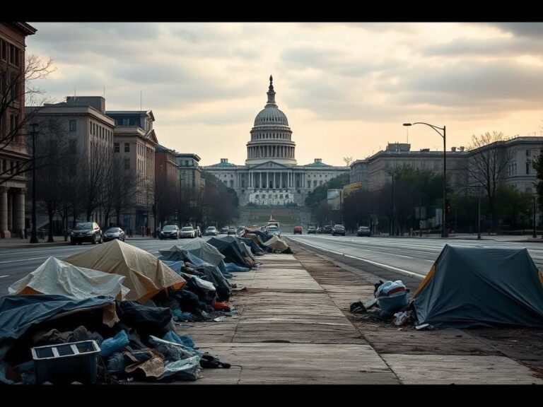 Flick International Urban landscape of Washington, D.C. displaying remnants of homeless encampments under an overcast sky