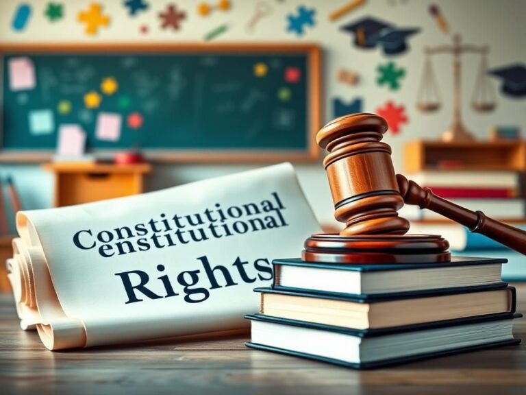 Flick International A gavel resting on law books with a scroll labeled 'Constitutional Rights' in an abstract classroom setting