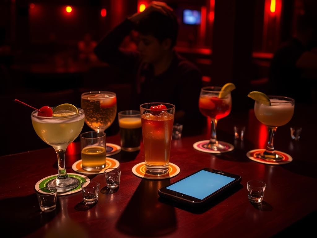 Flick International A dimly lit bar scene in Nashville showcasing drinks with colorful coasters and cocktail garnishes, hinting at the nightlife and the need for safety awareness.