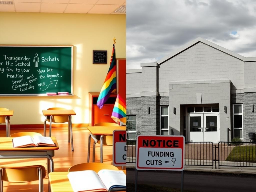 Flick International A split image showing a welcoming classroom and a closed school in Loudon County, Virginia