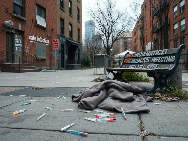 Flick International Gritty urban scene in East Harlem depicting a vacant block littered with drug paraphernalia.