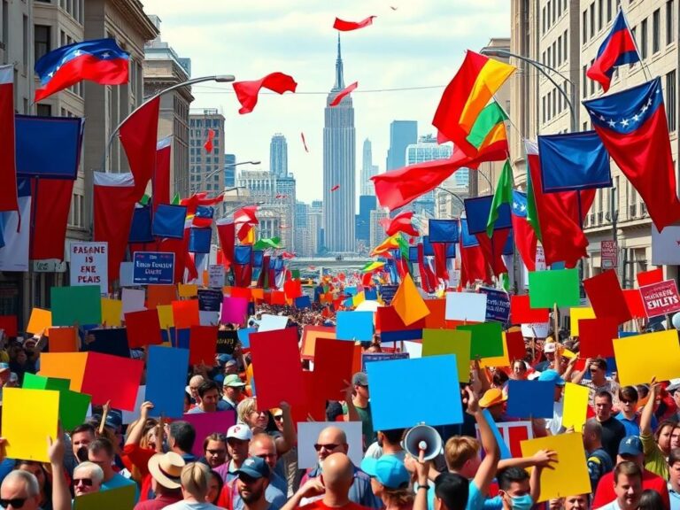 Flick International A vibrant protest scene depicting colorful signs and placards symbolizing political messages.