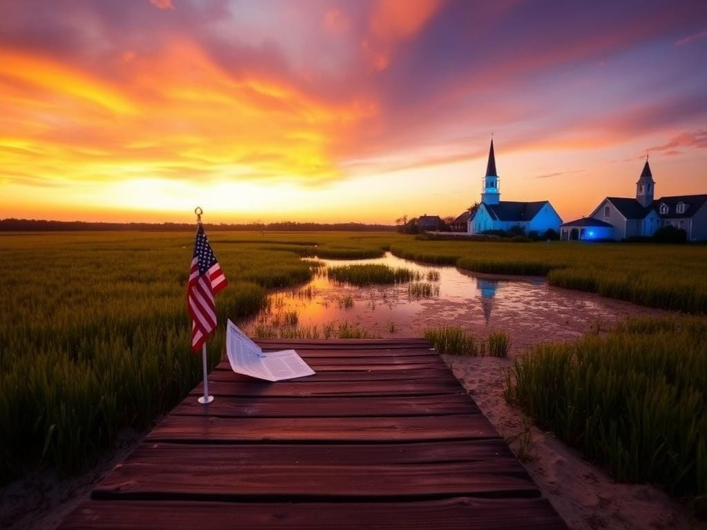 Flick International Scenic view of South Carolina Lowcountry featuring marshlands and historic architecture