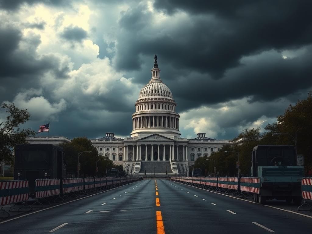 Flick International Dramatic depiction of the U.S. Capitol building under storm clouds, symbolizing tension regarding federal control.