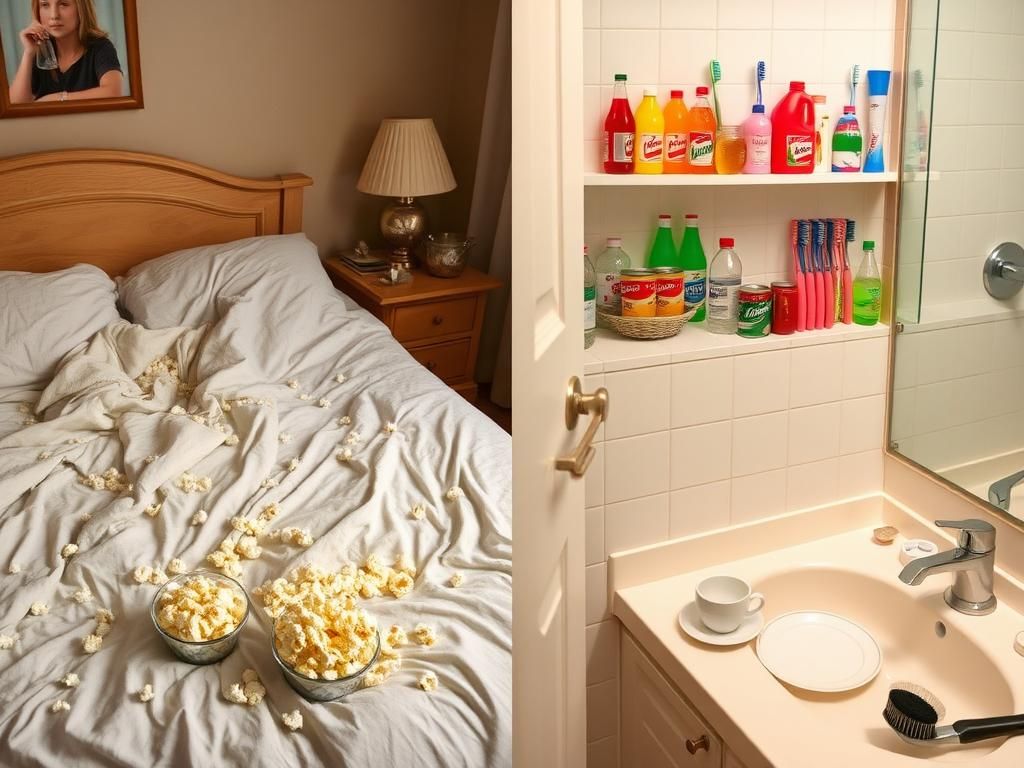 Flick International Cozy bedroom scene with unmade bed and scattered snacks