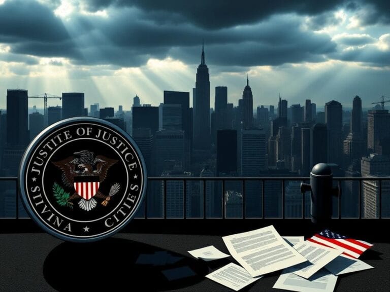 Flick International Cityscape showcasing influential sanctuary cities with Department of Justice seal in the foreground