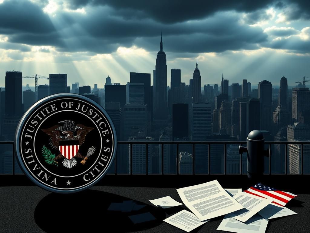 Flick International Cityscape showcasing influential sanctuary cities with Department of Justice seal in the foreground