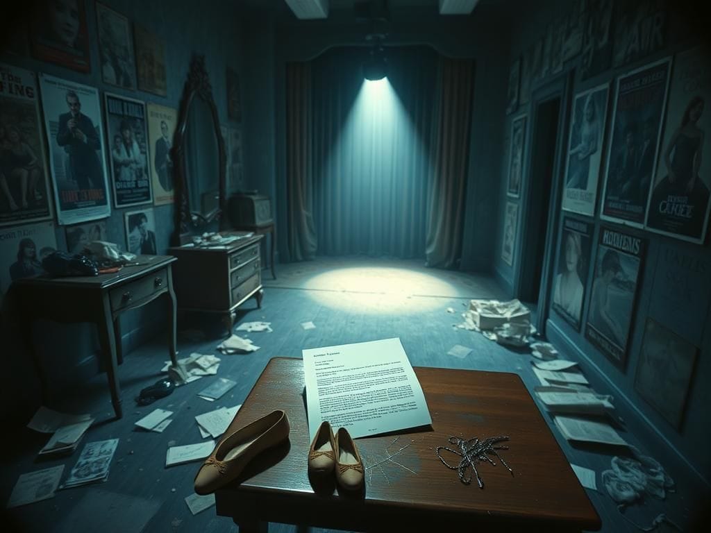 Flick International Empty, dimly lit Hollywood dressing room with scattered dance shoes and scripts