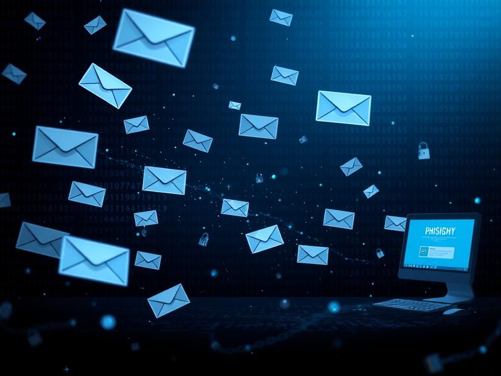 Flick International Abstract representation of a digital workspace with floating emails and AI algorithms