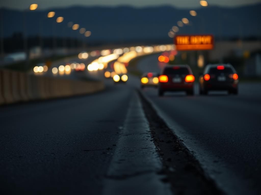 Flick International Busy freeway scene illuminated by vehicle headlights during early morning, depicting chaotic atmosphere after immigration enforcement incident.