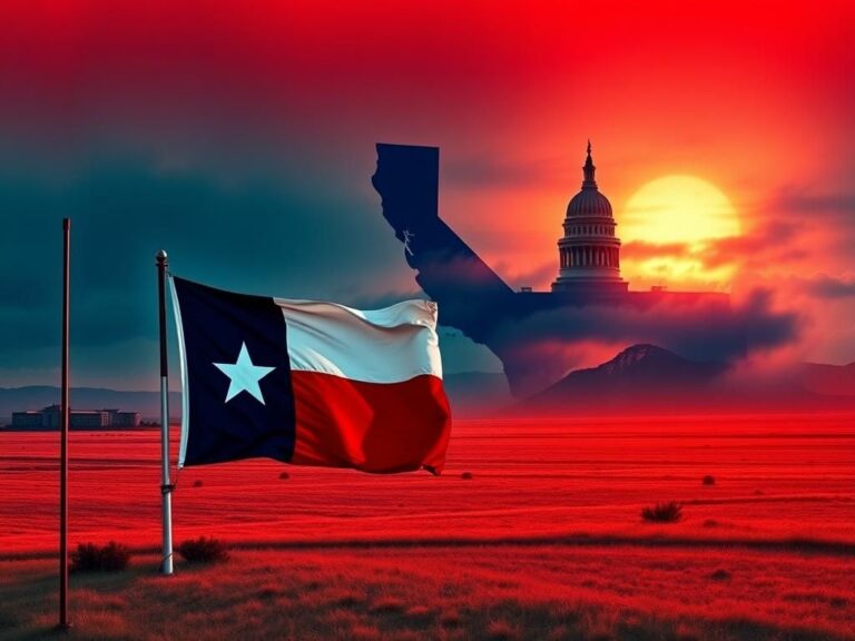 Flick International Vast Texas landscape with a prominent Texas flag and contrasting images of California and Texas Capitol