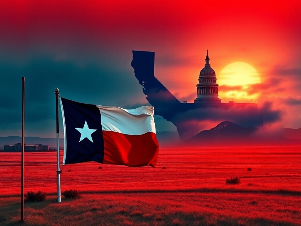 Flick International Vast Texas landscape with a prominent Texas flag and contrasting images of California and Texas Capitol