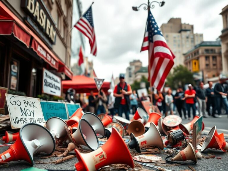 Flick International Protest scene with discarded megaphones and signs outside a restaurant