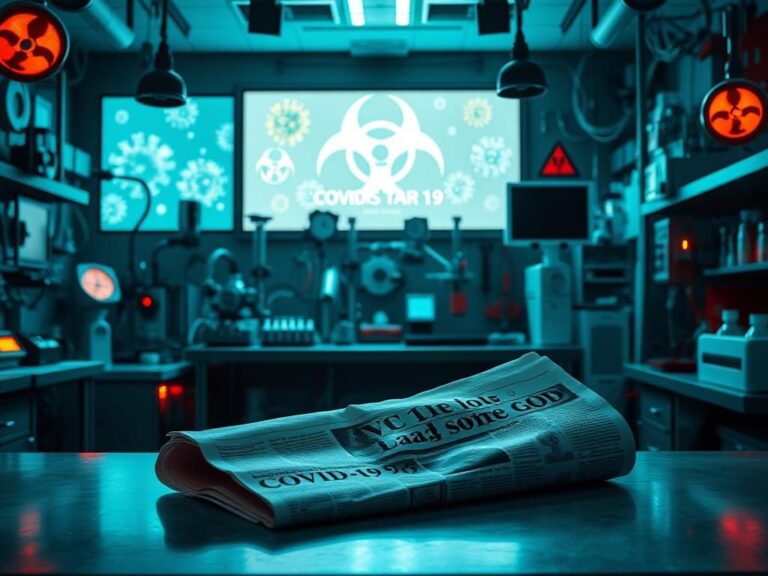 Flick International A complex laboratory workspace filled with advanced scientific equipment and biohazard symbols related to COVID-19 research