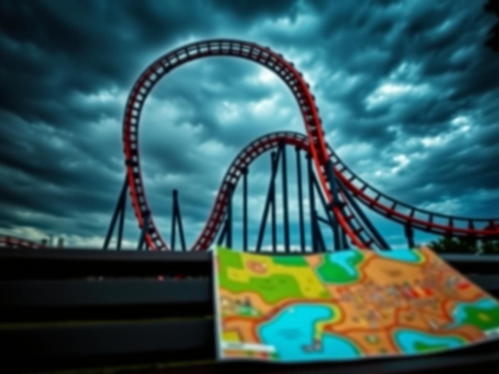 Flick International Twisted roller coaster track against a moody sky representing thrill and danger