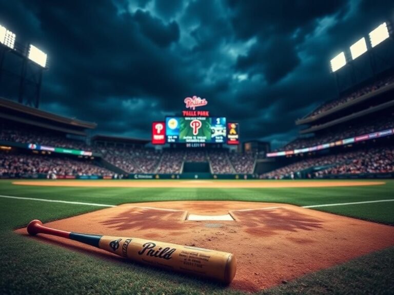Flick International Dramatic scene at Citizens Bank Park during a Phillies game with a focus on home plate and abandoned baseball bat