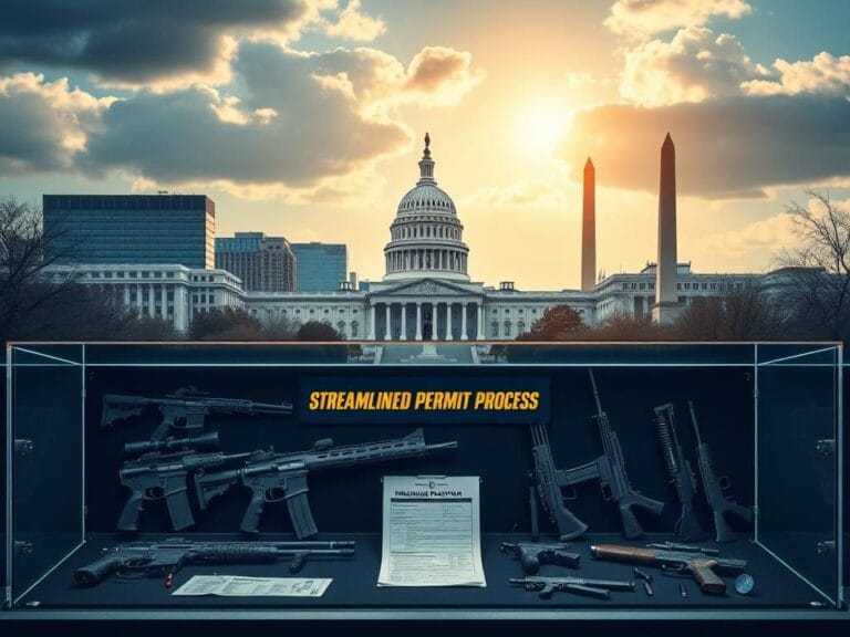 Flick International A collection of firearms displayed in a glass case with the Capitol Building and Washington Monument in the background