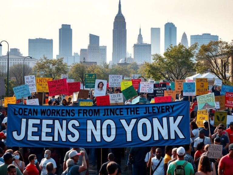 Flick International A vibrant community rally in Queens against Trump, featuring union banners and colorful posters
