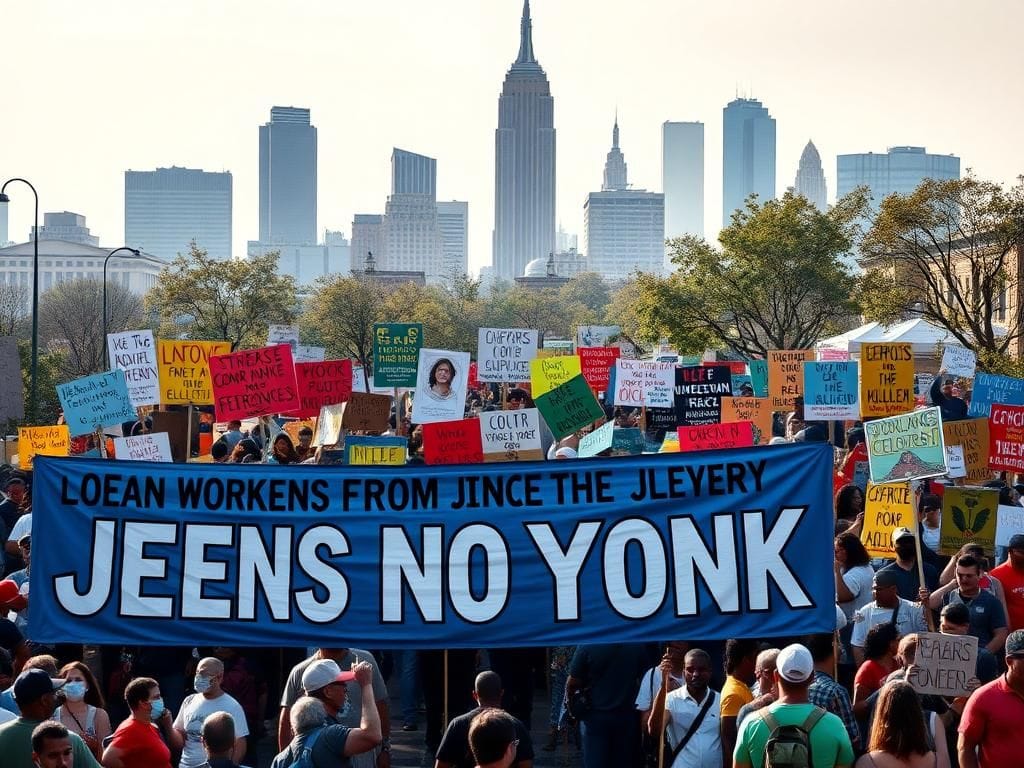 Flick International A vibrant community rally in Queens against Trump, featuring union banners and colorful posters