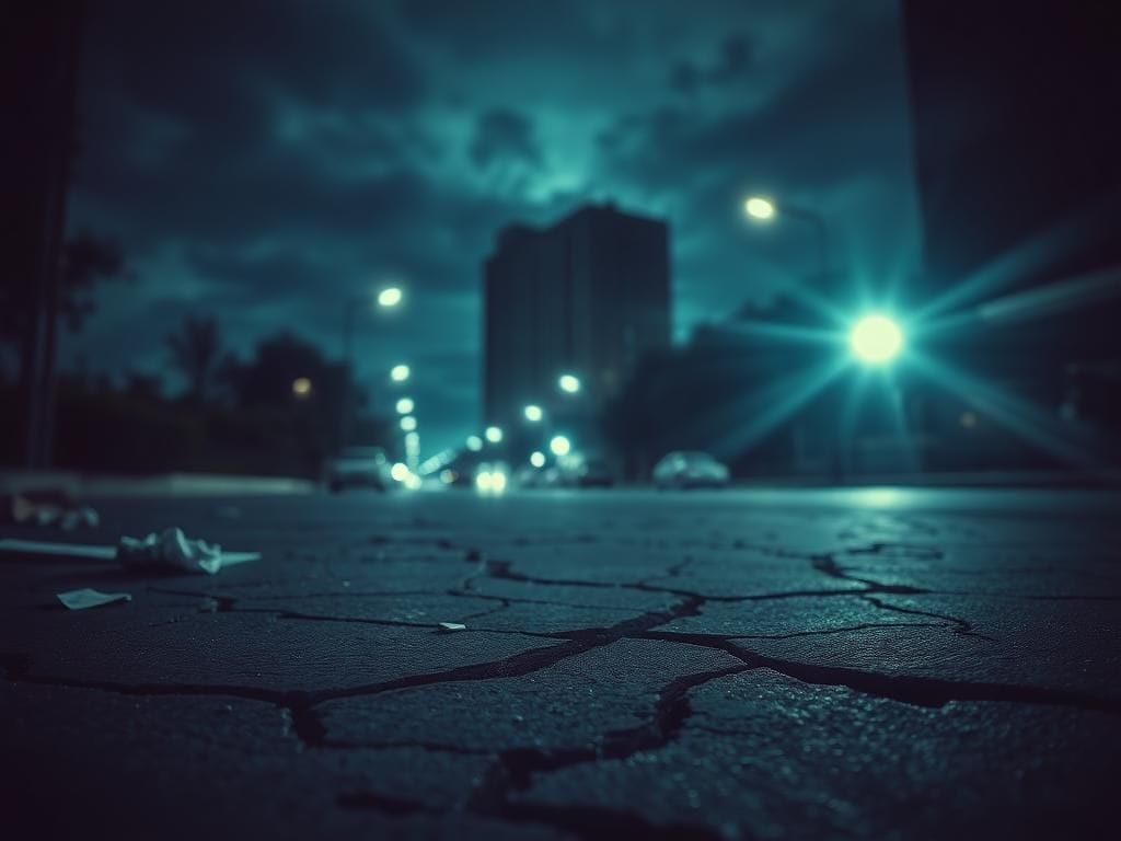 Flick International Dark urban street at night with flickering streetlights and scattered debris