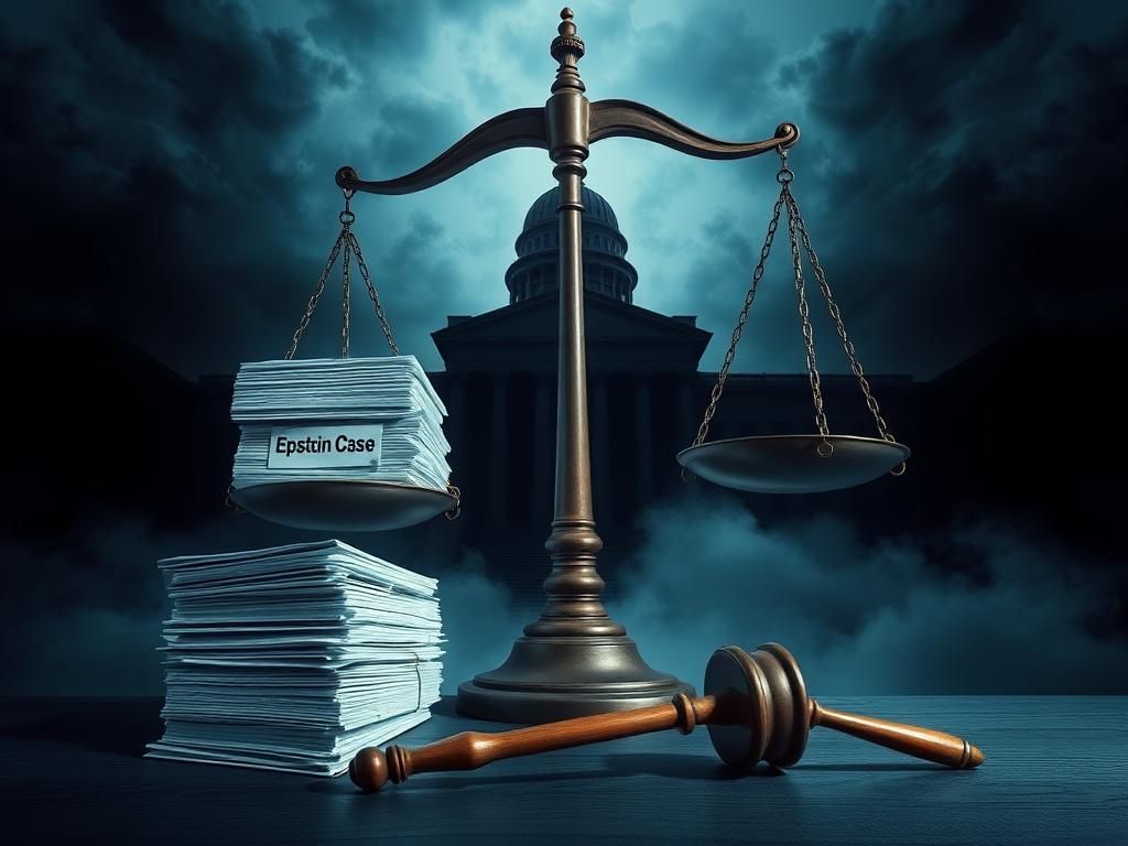 Flick International A courtroom scene with a legal scale weighed down by Epstein case files, against a shadowy government building.