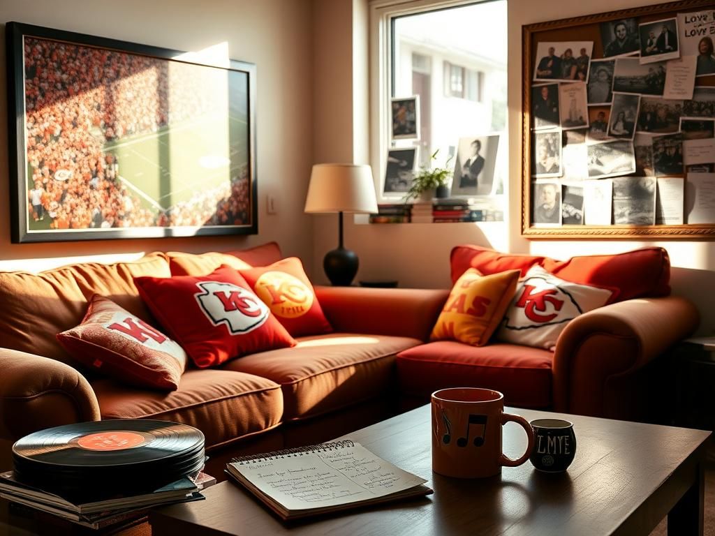 Flick International Cozy living room showcasing memorabilia of American football and music, featuring Kansas City Chiefs decor.