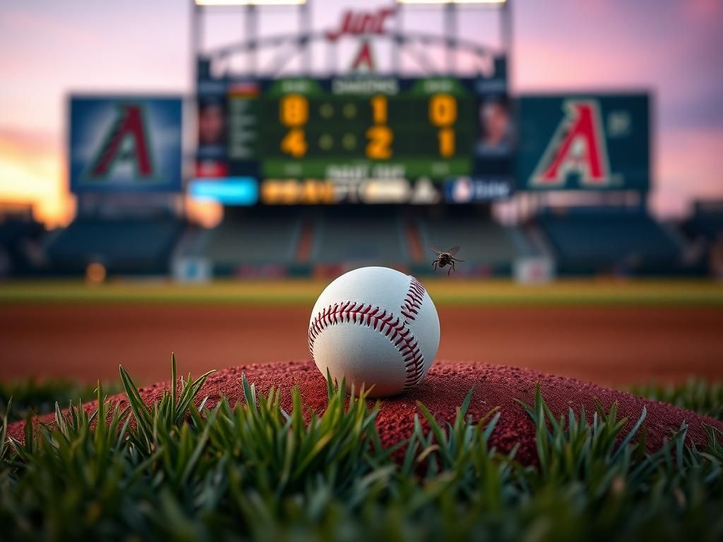 Flick International Close-up of a baseball field at twilight with a baseball on the pitcher's mound and a fly hovering nearby
