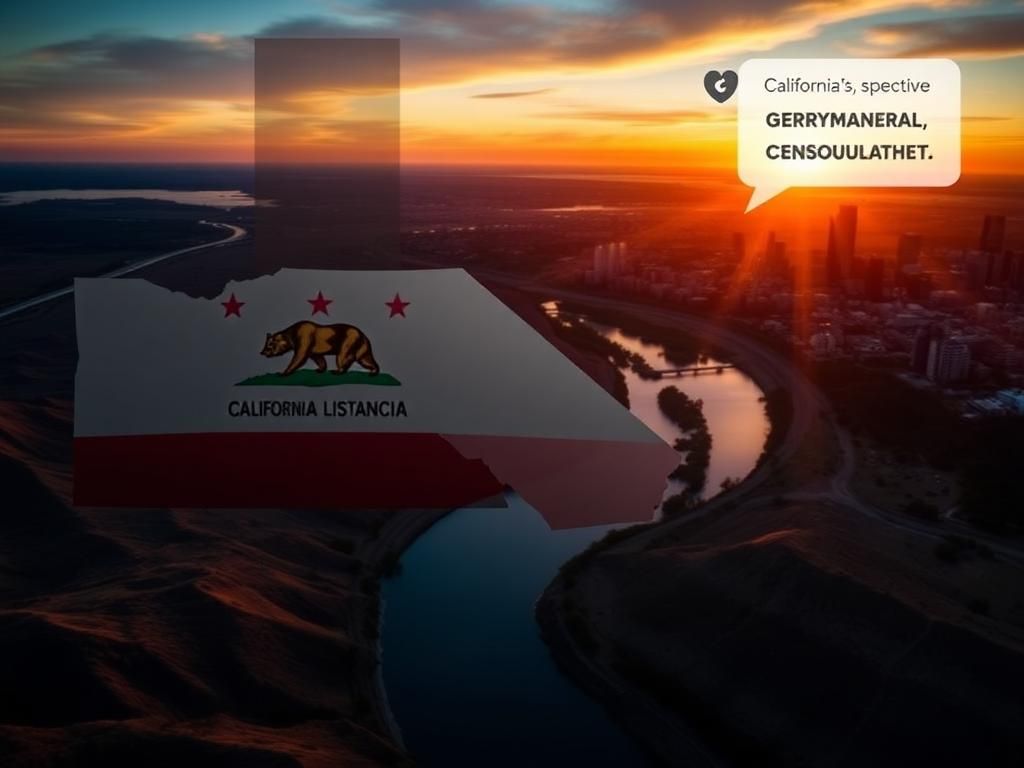 Flick International Aerial view of California's iconic landscape with a vibrant state flag and a chaotic congressional district map