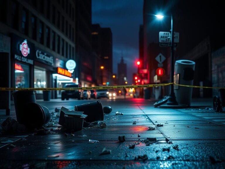 Flick International Dimly lit urban street in Cincinnati showing aftermath of a violent brawl with debris and flickering streetlight