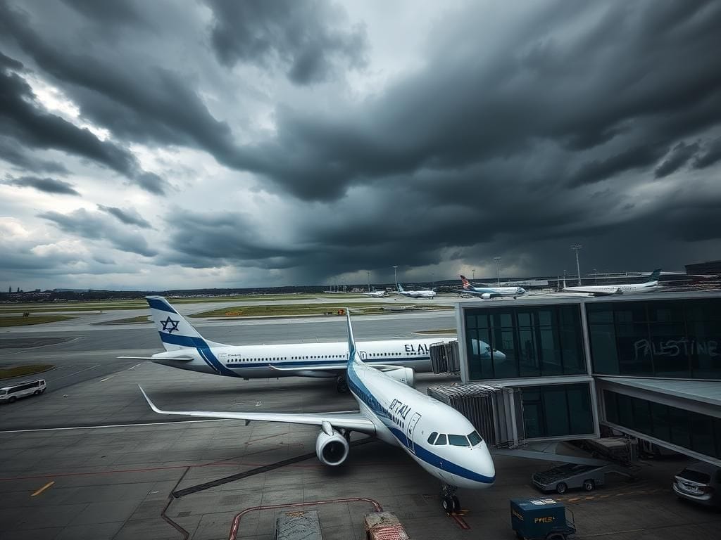 Flick International A high-angle view of Charles de Gaulle Airport highlighting an El Al aircraft with a backdrop of dramatic clouds and graffiti art.