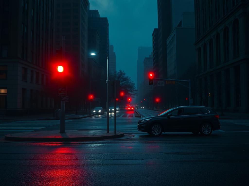 Flick International Dimly lit Washington, D.C. street at night with a glowing red traffic light