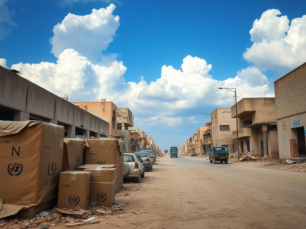 Flick International Unopened U.N. aid supplies in dusty warehouses of Gaza, symbolizing blocked humanitarian efforts.