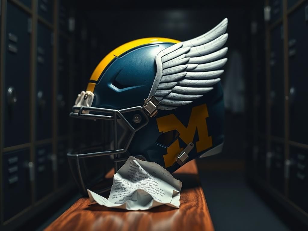 Flick International Michigan football team's iconic winged helmet in a dimly lit locker room hinting at sign-stealing controversy