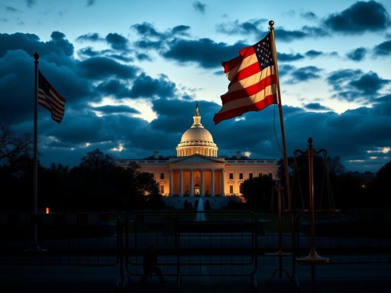 Flick International Washington D.C. skyline at dusk with the White House and police barriers