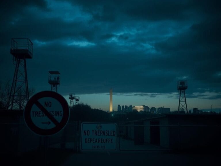 Flick International Secure military housing unit with watchtowers and a No Trespassing sign at dusk