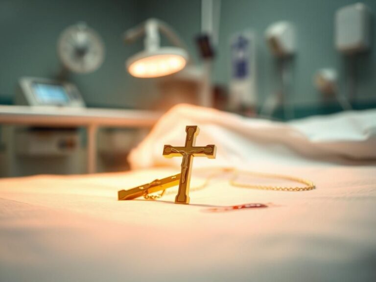 Flick International Close-up of a gold Christian cross pendant on a hospital bed with light reflecting off it
